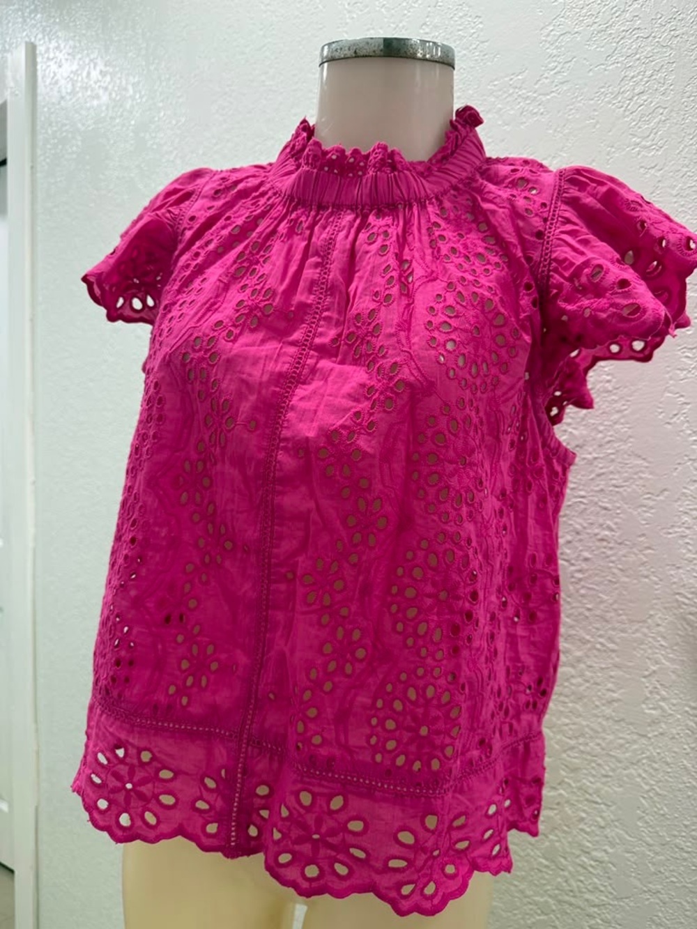 Smocked Neck Eyelet Blouse in Fuchsia Pink